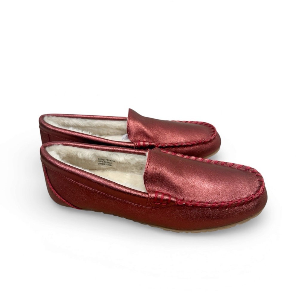 NEW CLARKS Faux‎ Fur Moccasin Slippers size 9 Metallic Red